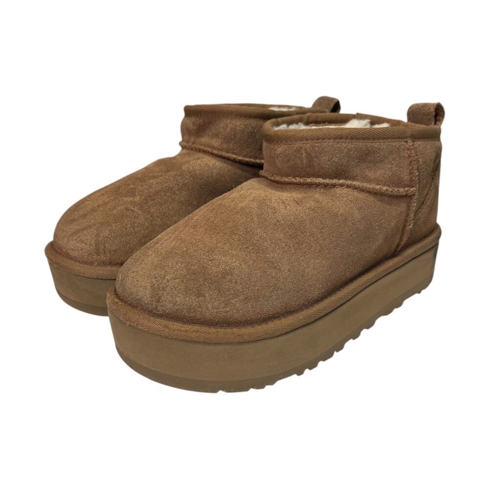 UGG Classic Ultra Mini Platform Boots Girls 3 Brown Chestnut Suede Shearling